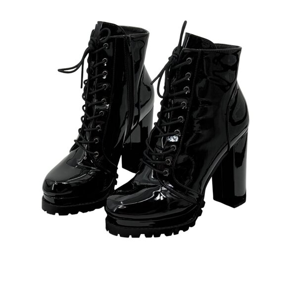 Black Faux Patent Leather Lug Sole Edgy Sexy Baddie Platform Heel Boots 10 - Picture 3 of 16